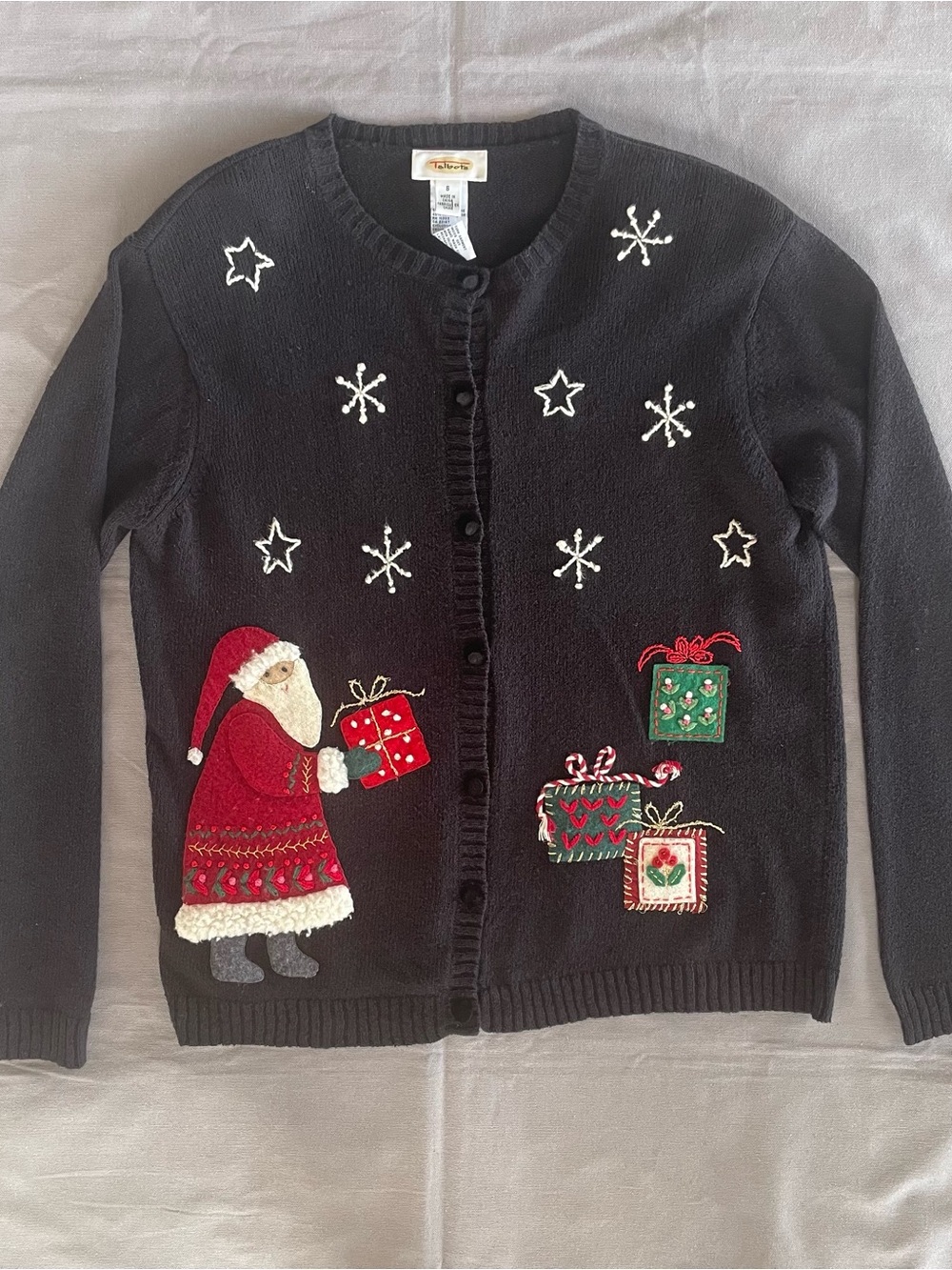 Talbots Ugly Christmas Sweater Cardigan Black Santa Applique Small